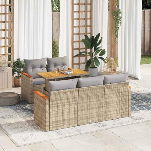 WSJHUHK Home-Outdoor Gartenmöbel-Set, 6-teiliges Gartensofa-Set mit Kissen, Poly-Rattan-Akazie, Beige von WSJHUHK