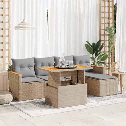 WSJHUHK Home-Outdoor Gartenmöbel-Set, 6-teiliges Gartensofa-Set mit Kissen, Poly-Rattan-Akazie, Beige von WSJHUHK
