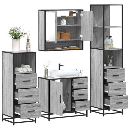 WSJHUHK Möbel, Möbelsets, Badezimmermöbel-Sets, 4-teiliges Badezimmermöbel-Set, graues Sonoma-Holzwerkstoff von WSJHUHK