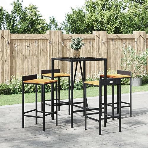 WSJHUHK Möbel, Outdoor-Möbel, Gartenmöbel-Sets, 5-teiliges Garten-Bar-Set, schwarzes Poly-Rattan und Massivholz-Akazie von WSJHUHK