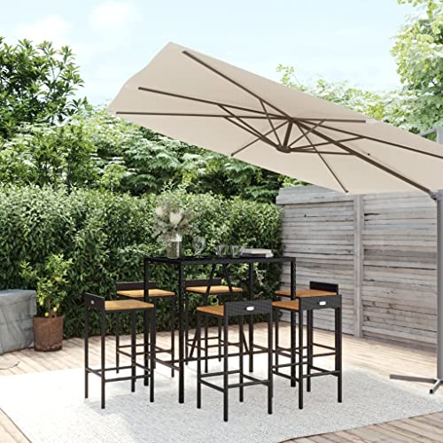 WSJHUHK Möbel, Outdoor-Möbel, Gartenmöbel-Sets, 7-teiliges Garten-Bar-Set, schwarzes Poly-Rattan und Massivholz-Akazie von WSJHUHK