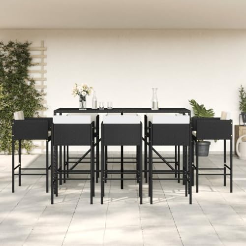 WSJHUHK Möbel, Outdoor-Möbel, Gartenmöbel-Sets, 9-teiliges Garten-Bar-Set mit Kissen, schwarzes Polyrattan von WSJHUHK