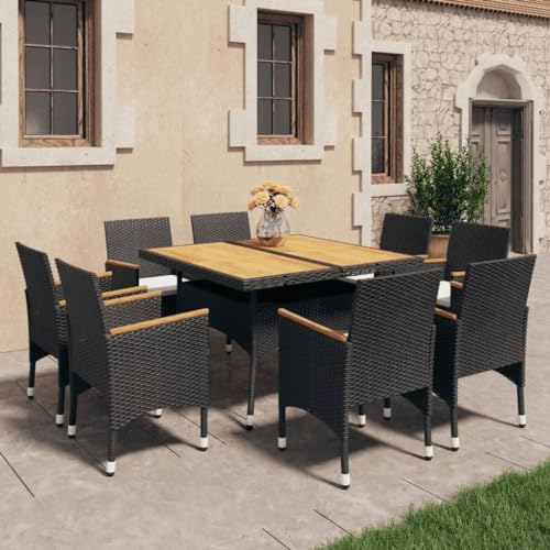 WSJHUHK Möbel, Outdoor-Möbel, Gartenmöbel-Sets, 9-teiliges Garten-Esszimmer-Set, Polyrattan und Massivholz, Schwarz von WSJHUHK