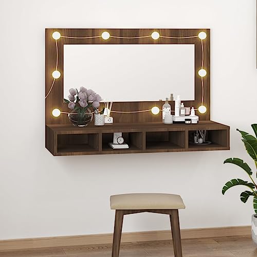 WSJHUHK Möbel, Schränke & Aufbewahrung, Waschtischunterschrank, Badezimmerunterschrank, Spiegelschrank mit LED, braune Eiche, 90 x 31,5 x 62 cm von WSJHUHK