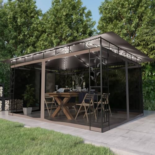 WSJHUHK Pavillon mit Moskitonetz & LED-Lichterkette 4x3x2,73m Taupe von WSJHUHK