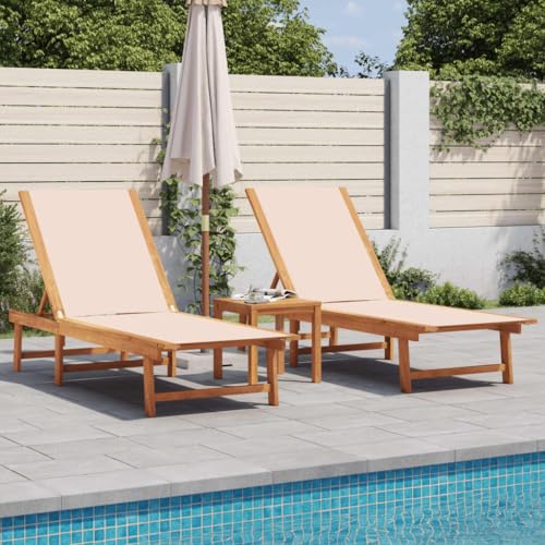 WSJHUHK Sonnenliege 2-teilig mit Tisch Creme Massivholz Akazie und Textilene von WSJHUHK