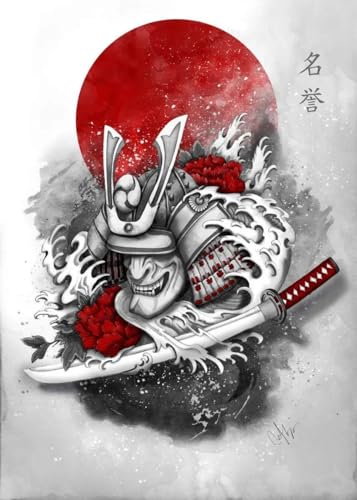 Leinwanddruck Japan Zen Tuschemalerei Kunst Poster Leinwand Gemälde Samurai Mond Koi Maid Kanji Wandkunst Drucke Dekoration Kawaii Zimmer Dekor Geschenke, 60 X 90 cm Ohne Rahmen von WSJIJY