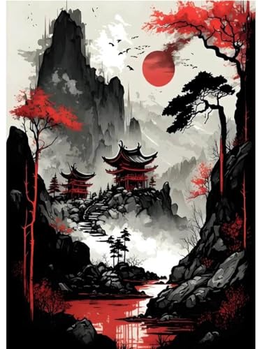 Leinwanddruck Vintage Japanische Samurai-Träume, Roter Mond, Phoenix Hoo, Poster, Leinwandgemälde, Wandkunst Für Wohnzimmer, Heimdekoration, Cuadros-Geschenke, 60 X 90 cm, Ohne Rahmen von WSJIJY