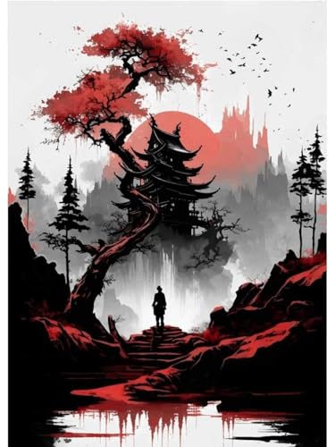 Leinwanddruck Vintage Japanische Samurai-Träume, Roter Mond, Phoenix Hoo, Poster, Leinwandgemälde, Wandkunst Für Wohnzimmer, Heimdekoration, Cuadros-Geschenke, 70 X 100 cm, Ohne Rahmen von WSJIJY