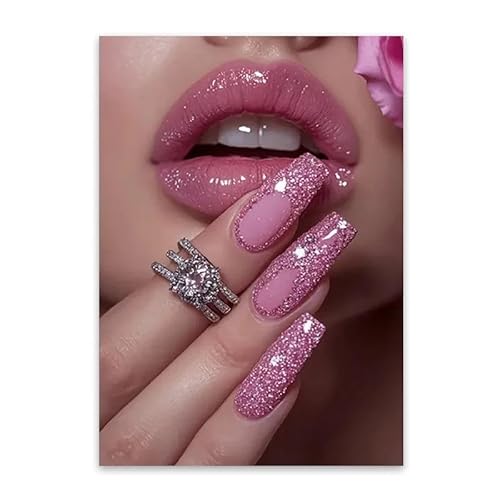 WSJIJY Leinwanddruck Schicker Kunstdruck Auf Leinwand Mit Rosa Lippen Und Nägeln – Modischer Nagel-Posterdruck Für Geburtstag, Valentinstag, Schönheitssalon, Heimdekoration, 15 X 20 cm, Ohne Rahmen von WSJIJY