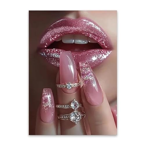 WSJIJY Leinwanddruck Schicker Kunstdruck Auf Leinwand Mit Rosa Lippen Und Nägeln – Modischer Nagel-Posterdruck Für Geburtstag, Valentinstag, Schönheitssalon, Heimdekoration, 21 X 30 cm, Ohne Rahmen von WSJIJY