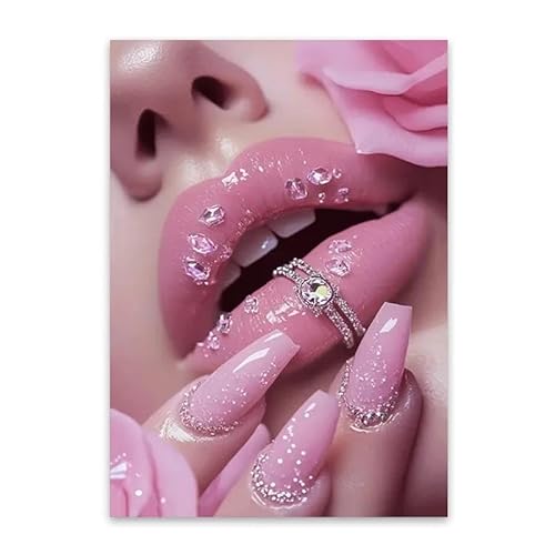 WSJIJY Leinwanddruck Schicker Kunstdruck Auf Leinwand Mit Rosa Lippen Und Nägeln – Modischer Nagel-Posterdruck Für Geburtstag, Valentinstag, Schönheitssalon, Heimdekoration, 45 X 60 cm, Ohne Rahmen von WSJIJY