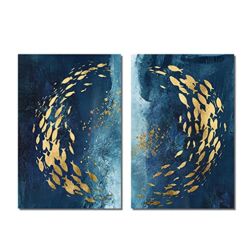 WSKKK Abstrakte blaue Tiefsee Goldene Folie Fisch Leinwandbilder Kunstplakate und Drucke Wandbilder für Wohnzimmerdekoration 70x100cmx2 Rahmenlos von WSKKK