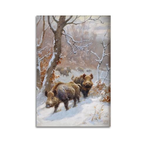 Poster mit Tiermotiven, zwei Wildschweine im Schnee, dekorative Leinwand, Wand- und Kunstposter, 60 x 90 cm von WSLS