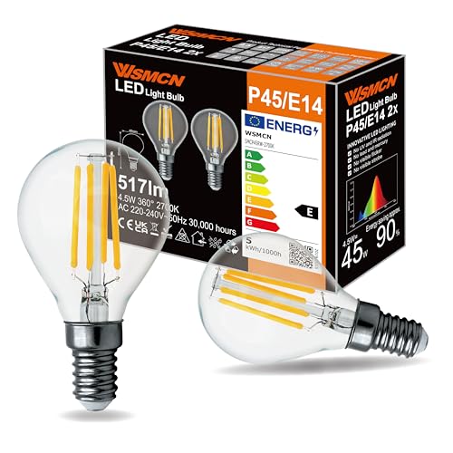 WSMCN E14 LED Lampen Warmweiss 4,5W Ersetzt 45W P45 Glühlampe, 2er-Pack, Klarglasbirne im Filamentstil, 2700 Kelvin 517 Lumen Nicht Dimmbar G45 Edison Leuchtmittel, 360° Flimmerfrei Birnen von WSMCN