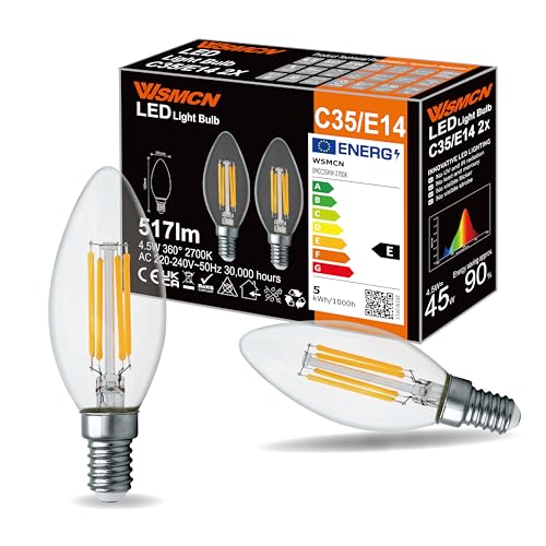 WSMCN E14 LED Warmweiss Kerzenlampe 4,5W Ersetzt 45W C35 Glühlampe, 2er Pack, Klarglasbirne im Filamentstil, 2700 Kelvin 517 Lumen Leuchtmittel, 360° Flimmerfrei Birnen, Nicht Dimmbar von WSMCN