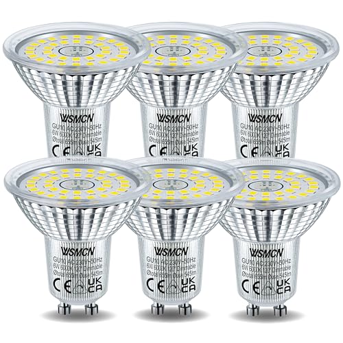 WSMCN GU10 LED Dimmbar Kaltweiss Lampe, 6W Ersetzt 75W Halogen Leuchtmittel, 6000K 655lm Dimmbare LED Spots, 120° Abstrahlwinkel Energiesparlampe, Kontinuierlich Dimmen über Dimmer, 6 Stücke von WSMCN