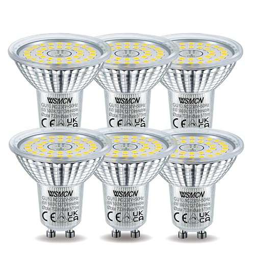WSMCN GU10 LED Dimmbar Tageslichtweiß Lampe, 6W Ersetzt 75W Halogen Leuchtmittel, 3000K 700lm Dimmbare LED Spots, 120° Abstrahlwinkel Energiesparlampe, Kontinuierlich Dimmen über Dimmer, 6 Stücke von WSMCN