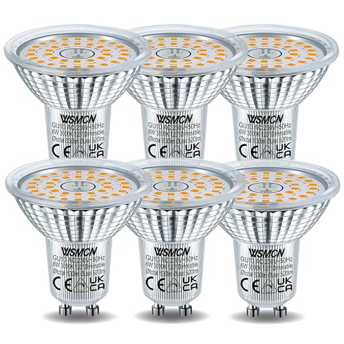 WSMCN GU10 LED Dimmbar Warmweiss Lampe, 6W Ersetzt 70W Halogen Leuchtmittel, 3000K 630lm Dimmbare LED Spots, 120° Abstrahlwinkel Energiesparlampe, Kontinuierlich Dimmen über Dimmer, 6 Stücke von WSMCN