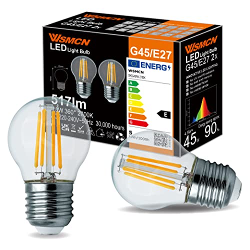 WSMCN LED Classic E27 Lampe Warmweiss 4,5W Ersetzt 45W G45 Glühlampe, 2er-Pack, Klarglasbirne im Filamentstil, 2700 Kelvin 517 Lumen Nicht Dimmbar Edison Leuchtmittel, 360° Flimmerfrei Birnen von WSMCN