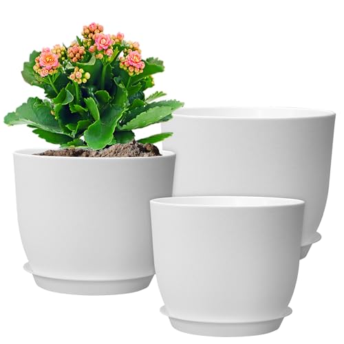 WSMKSZ 30,5/25,4/22,9 cm große Blumentöpfe, 3 Stück, moderne dekorative Kunststoff-Pflanzgefäße mit Drainagelöchern und Untersetzern, Blumentöpfe für Innen- und Außenbereich, Weiß von WSMKSZ