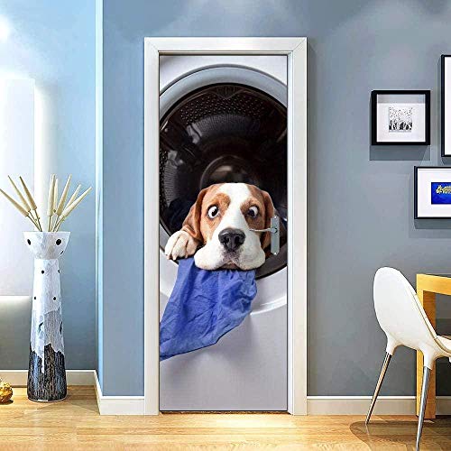 LuSeven 3D türfolie selbstklebend Waschmaschine süß Tier Hund 90x200cm Tür Wandaufkleber 3D Tür Aufkleber DIY Wandbild selbstklebende Tapete PVC wasserdichte Poster Aufkleber Home Decoration von WSNDZDM