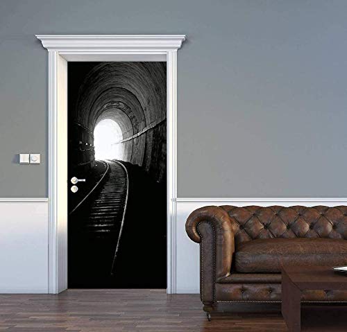 LuSeven fototapete selbstklebend Dunkel Zug Schienen Tunnel 95x215cm 3D-Türkunst, abnehmbare Türabziehbilder, selbstklebendes Türwandbild, Türaufkleber für Raumdekor von WSNDZDM