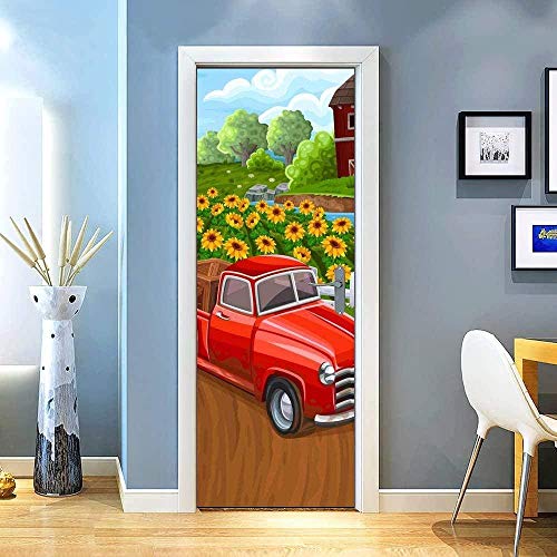 LuSeven türfolie selbstklebend Cartoon rot Auto Sonnenblume 40x120cm Türtapete Selbstklebend Türposter Fototapete Poster Tapete PVC 3D Türaufkleber Selbstklebend DIY Türbild von WSNDZDM