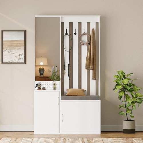 Garderobe set, Flurgarderobe mit Schuhschrank und Sitzbank, Kleiderhaken Garderobe Weiß, Hallway Furniture sets - Wardrobe, Mirror, Clothes Rack and Shoe Cabinet, 4 Haken, 100 × 40 × 180 cm (Form 03) von WSOFZMO