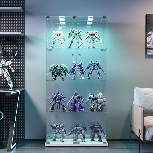 Glas Vitrine mit LED, Glasvitrine Standvitrine mit Tür und Schloss, Vitrine Beleuchtet für Sammlungen, 4 Lagen Sammlervitrine Vitrinenschrank, für Schlafzimmer Büro (groß+Weiße Base+Sensorlicht) von WSOFZMO