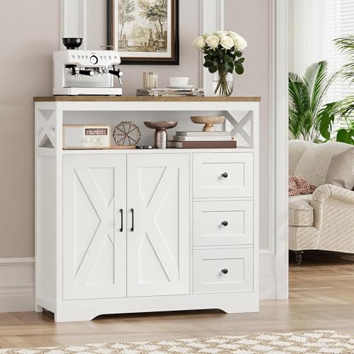 Sideboard Küche, Küchenschrank Organizer mit Arbeitsplatte, Sideboard Weiss mit 3 Schubladen und 1 Doppeltüren, Buffetschrank weiß für Küche Wohnzimmer Esszimmer, 100 x 40 x 105 cm (Form 02) von WSOFZMO