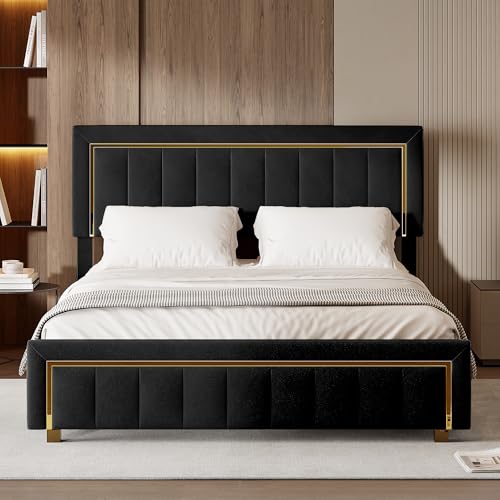 WSOFZMO Bett 160 x 200 cm mit Stauraum, Polsterbett 140 x 200 mit Lattenrost und Kopfteil, Doppelbett 160x200 mit Vergoldete Verzierung, Samt, ohne Matratze (Schwarz, 140×200cm) von WSOFZMO
