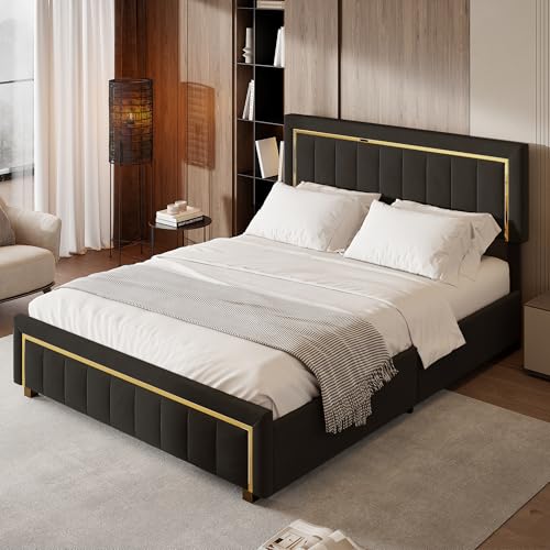 WSOFZMO Bett 160 x 200 cm mit Stauraum, Polsterbett 140 x 200 mit Lattenrost und Kopfteil, Doppelbett 160x200 mit Vergoldete Verzierung, Samt, ohne Matratze (Schwarz, 160×200cm) von WSOFZMO