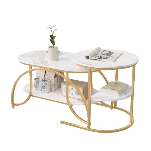 WSOFZMO Couchtisch Rund 2er Set, Stapelbar Beistelltisch Gold Tischbeine aus Metall, Couchtisch Marmor Platte, Set mit 2 Couchtischen, Moderne Wohnzimmertisch Beistelltisch mit Stauraum (Gold runden) von WSOFZMO