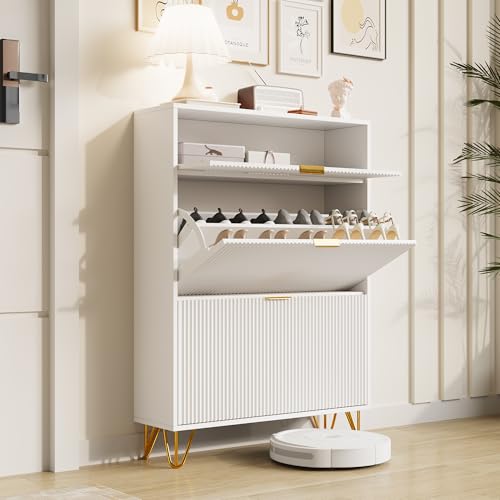 WSOFZMO Schuhschrank Schmal Weiß, Schuhkommode Hoch Weiss, Schmaler Schuhschrank mit Schublade, Shoe Rack Cabinet, für Eingangsbereich, Flur und Wohnzimmer, aus Holz und Metall (Neu07) von WSOFZMO