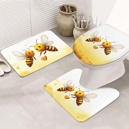 WSOIHFEC Bee Love Honigdruck Badezimmer Teppiche Sets Weich Saugfähig Badvorleger Waschbar Rutschfest Badteppich Plüsch Shaggy Badematten U-förmige Kontur Toilettenteppich Boden Wohnzimmer von WSOIHFEC