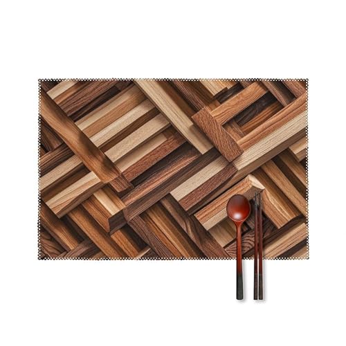 Tischsets 4er Set Abwaschbar Hitzebeständig Gewebt Platzsets Zickzack-Linien auf Holzoptik Hintergrund Platzsets Rutschfest Abwischbar Platzdeckchen Vinyl Tischmatte für Küche Esszimmer von WSOIHFEC