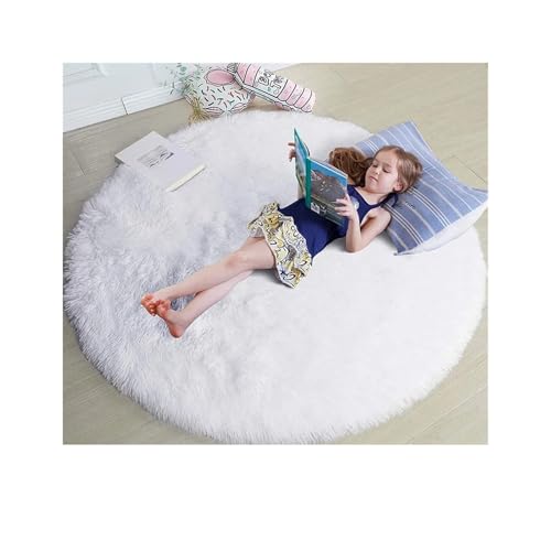 WSQHAO 100/120/140/160cm Round Rug Fluffy Soft Area Rugs for Kids Girls Room Princess Castle Plush Shag Carpet Cute Circle Bedroom Decor für Wohnzimmer(White,140cm Diameter) von WSQHAO