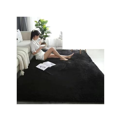 WSQHAO Soft Shaggy Carpet Living Room Fluffy Children Rugs Plush Area Rug for Bedroom Kids Modern Home Decor für Wohnzimmer(Black,200x120cm) von WSQHAO