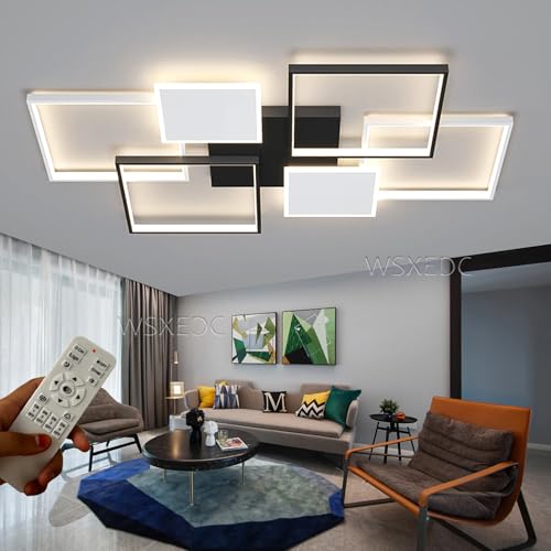 Dimmbare LED Rechtecke Großes Wohnzimmer Deckenleuchte 6 Flammen Modern Deckenlampe Schwarz Weiß Augenpflege Acryl Deckenbeleuchtung Für Wohnzimmer Schlafzimmer Büro Aktivitätsraum (L110cm 113W) von WSXEDC