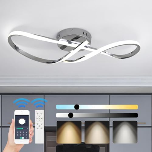 WSXEDC Dimmbar LED Deckenleuchte, Chrom Modernes Verchromen Prozess Deckenlampe Mit Fernbedienung für Schlafzimmer Kinderzimmer Wohnzimmer KüChe Esszimmer Arbeitszimmer Innenbeleuchtung 80cm von WSXEDC