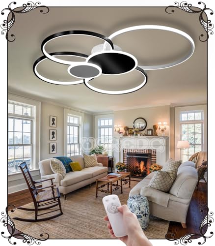 WSXEDC L100cm Dimmbare LED Deckenlampe Kreative 6-Ring Schwarz*Weiß Wohnzimmerlampe 95W Moderne Led Deckenleuchte Designer-Beleuchtung Schlafzimmer Amazon lampen Büro Küche Deckenbeleuchtung von WSXEDC