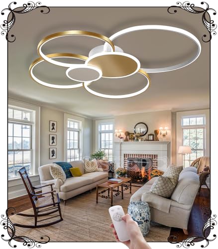 WSXEDC L80cm Dimmbare LED Deckenlampe Kreative 6-Ring Gold*Weiß Wohnzimmerlampe 75W Moderne Led Deckenleuchte Designer-Beleuchtung Schlafzimmer Amazon lampen Büro Küche Deckenbeleuchtung von WSXEDC