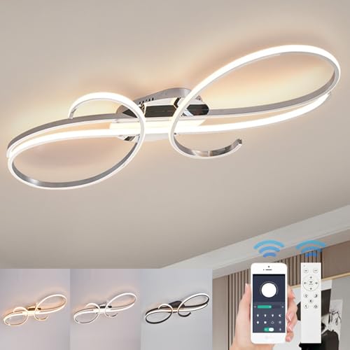 WSXEDC Moderne LED Kreative Deckenleuchte, Dimmbare Metall Chrom für die Augenpflege Deckenlampe Mit Fernbedienung für Wohnzimmer Schlafzimmer Esszimmer Flure Chrom 100cm von WSXEDC
