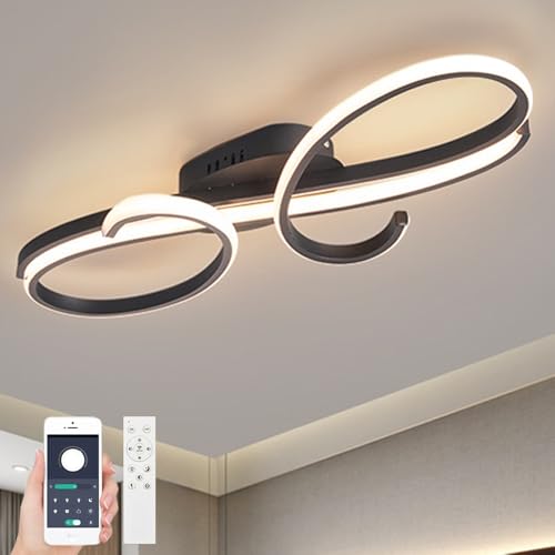 WSXEDC Moderne LED Kreative Deckenleuchte, Dimmbare Metall Chrom für die Augenpflege Deckenlampe Mit Fernbedienung für Wohnzimmer Schlafzimmer Esszimmer Flure Schwarz 60cm von WSXEDC