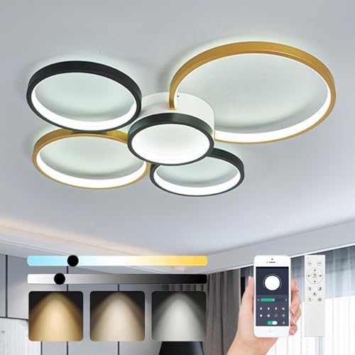 WSXEDC Moderne LED Deckenleuchte, Gold Schwarz 5 Ring Wohnzimmer Deckenleuchten 75W 3000K-6000K Schlafzimmer Deckenlampe Restaurant Innendeckenleuchte Dimmbar Mit Fernsteuerung von WSXEDC