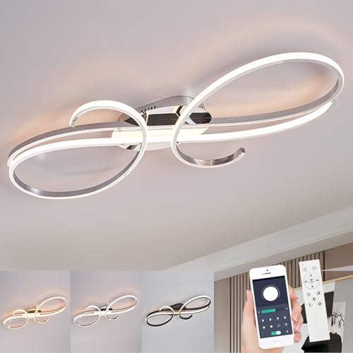 WSXEDC Moderne LED Kreative Deckenleuchte, Dimmbare Metall Chrom für die Augenpflege Deckenlampe Mit Fernbedienung für Wohnzimmer Schlafzimmer Esszimmer Flure Chrom 60cm von WSXEDC