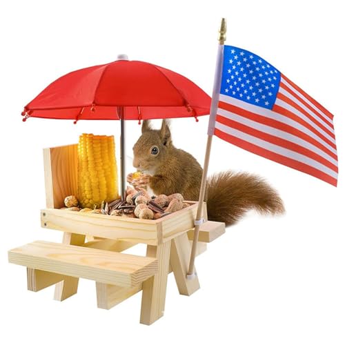Eichhörnchen -Feeder -Picknicktisch mit Regenschirm und Flaggen -Holz -Eichhörnchen -Feeder für Außen Eichhörnchen -Feeder -Picknicktisch mit Regenschirm und Flaggen -Holz -Eichhörnchen -Feeder für Außen von WSYJWEX