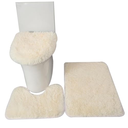 WSYJWEX Badeteppichsets 3-teilige Badezimmer Matte Set Badematte, u, Toilettensitzabdeckung weiche 3-4 cm Plüsch Wasser absorbierende Nicht-Schlupf-Toilettenset für Badezimmerdekor Beige Bad von WSYJWEX