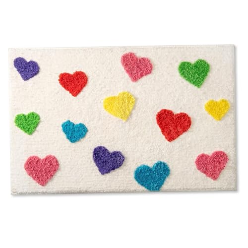 WSYJWEX Badezimmer Teppiche 20x32 Zoll farbenfrohe Herzmuster Bad Teppiche absorbierende schnell trockne Nicht rutschlip Ultra weiche Dicke badezimmermatte für Duschbadewannen kalte Bodenbad Matte von WSYJWEX